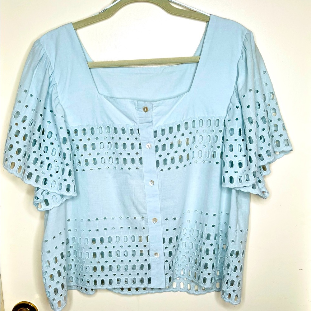 NEW Calypso St. Barth Light Blue Eyelet Blouse